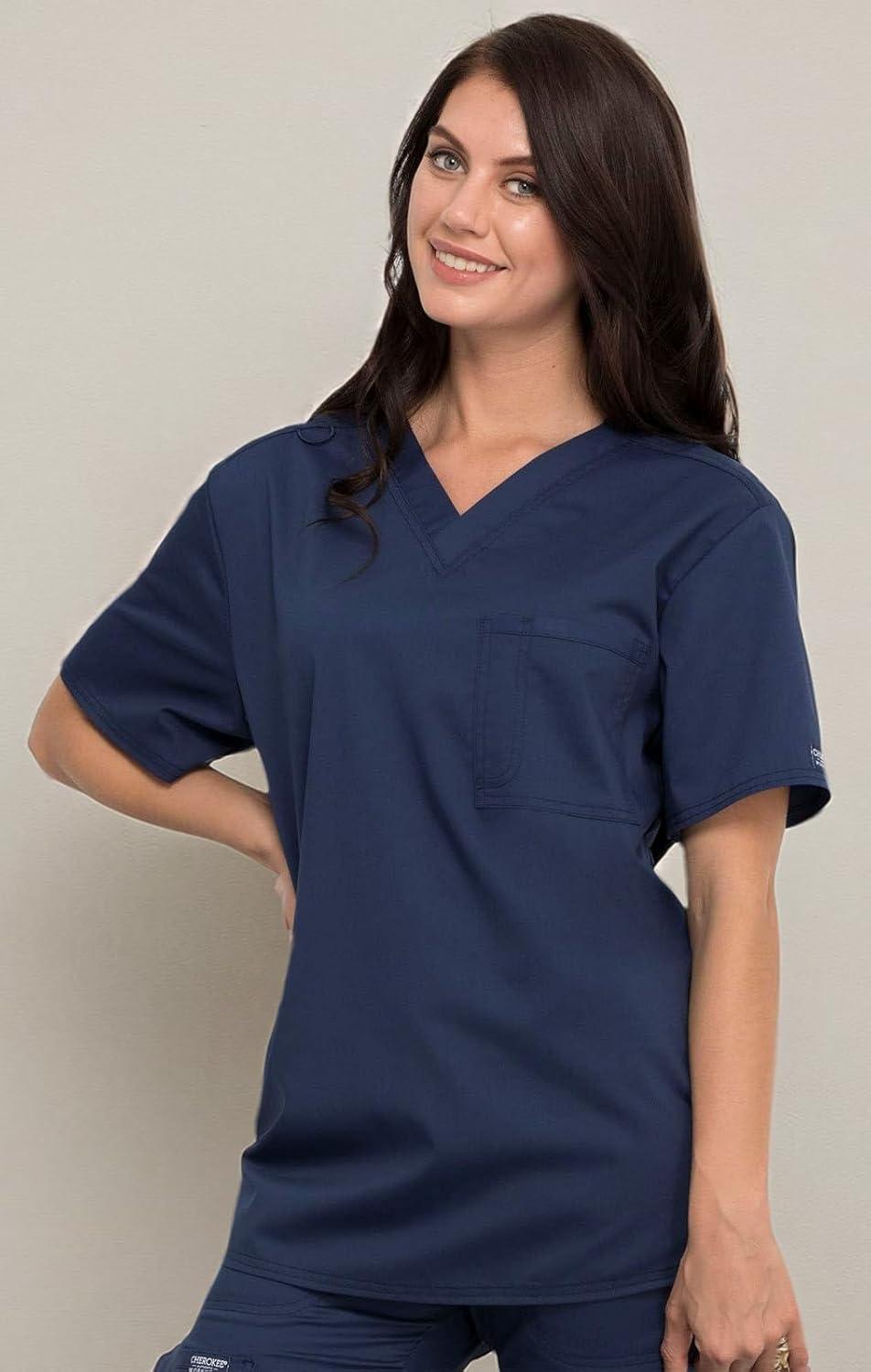imageCherokee Scrub Top for Women amp Men VNeck Tuckable Medical Shirt with 1 Chest Pocket amp ID Loop WW625Navy