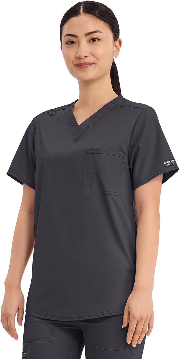 imageCherokee Scrub Top for Women amp Men VNeck Tuckable Medical Shirt with 1 Chest Pocket amp ID Loop WW625Pewter