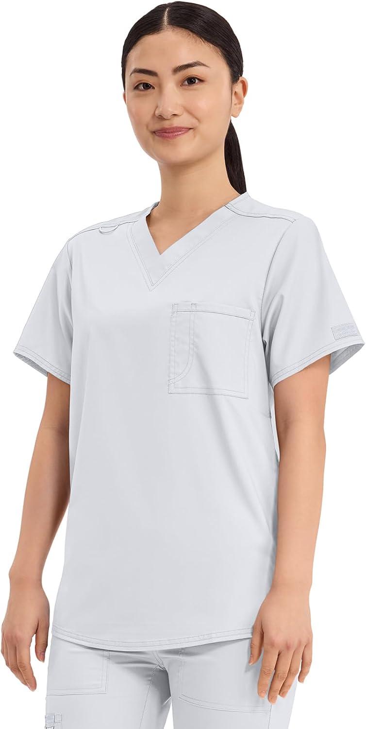 imageCherokee Scrub Top for Women amp Men VNeck Tuckable Medical Shirt with 1 Chest Pocket amp ID Loop WW625White