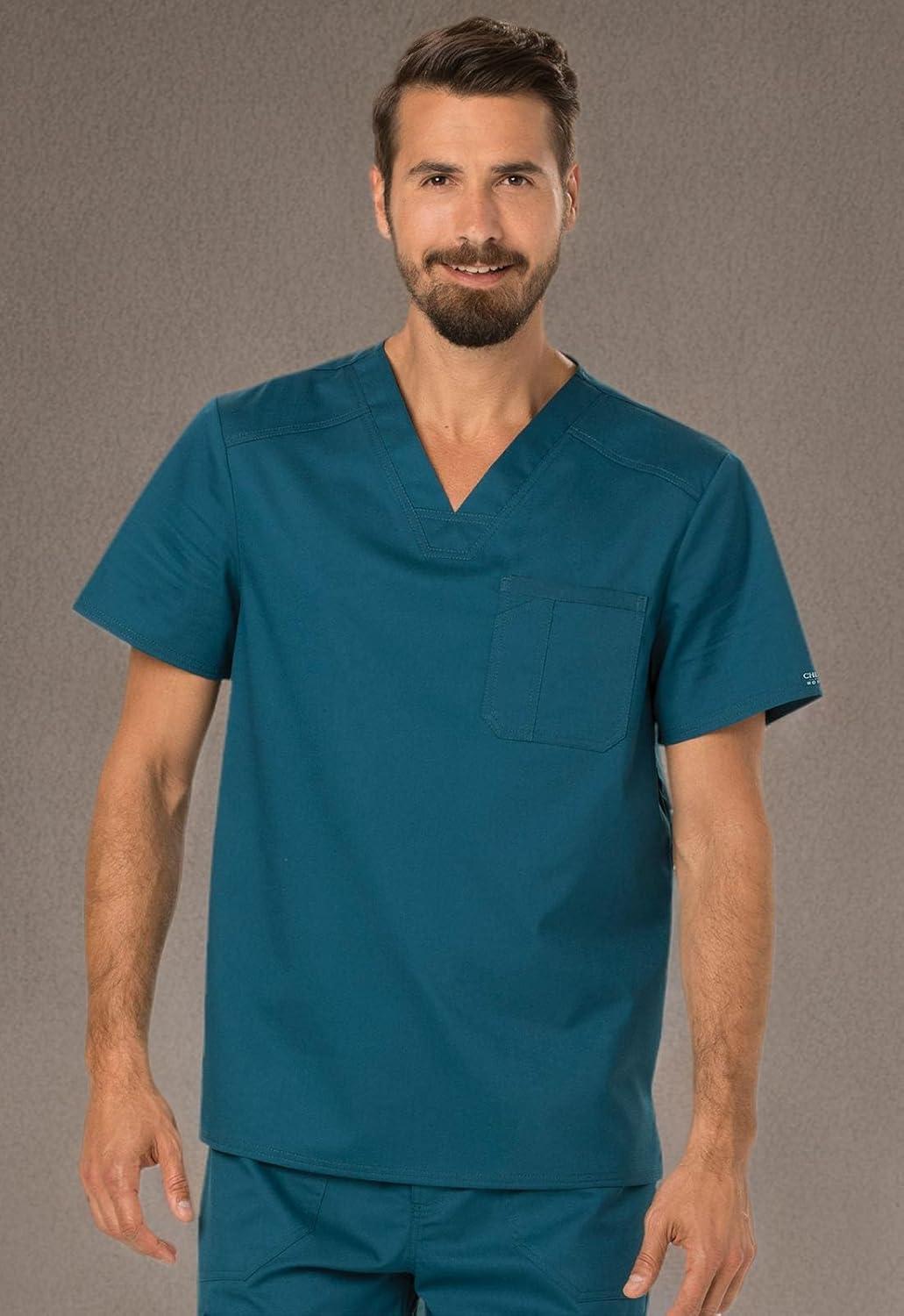 imageCherokee Scrub for Mens Tuckable VNeck Top with 1 Chest Pocket Pen Slot Ultra Soft Durable 2Way Stretch Fabric WW690Caribbean Blue