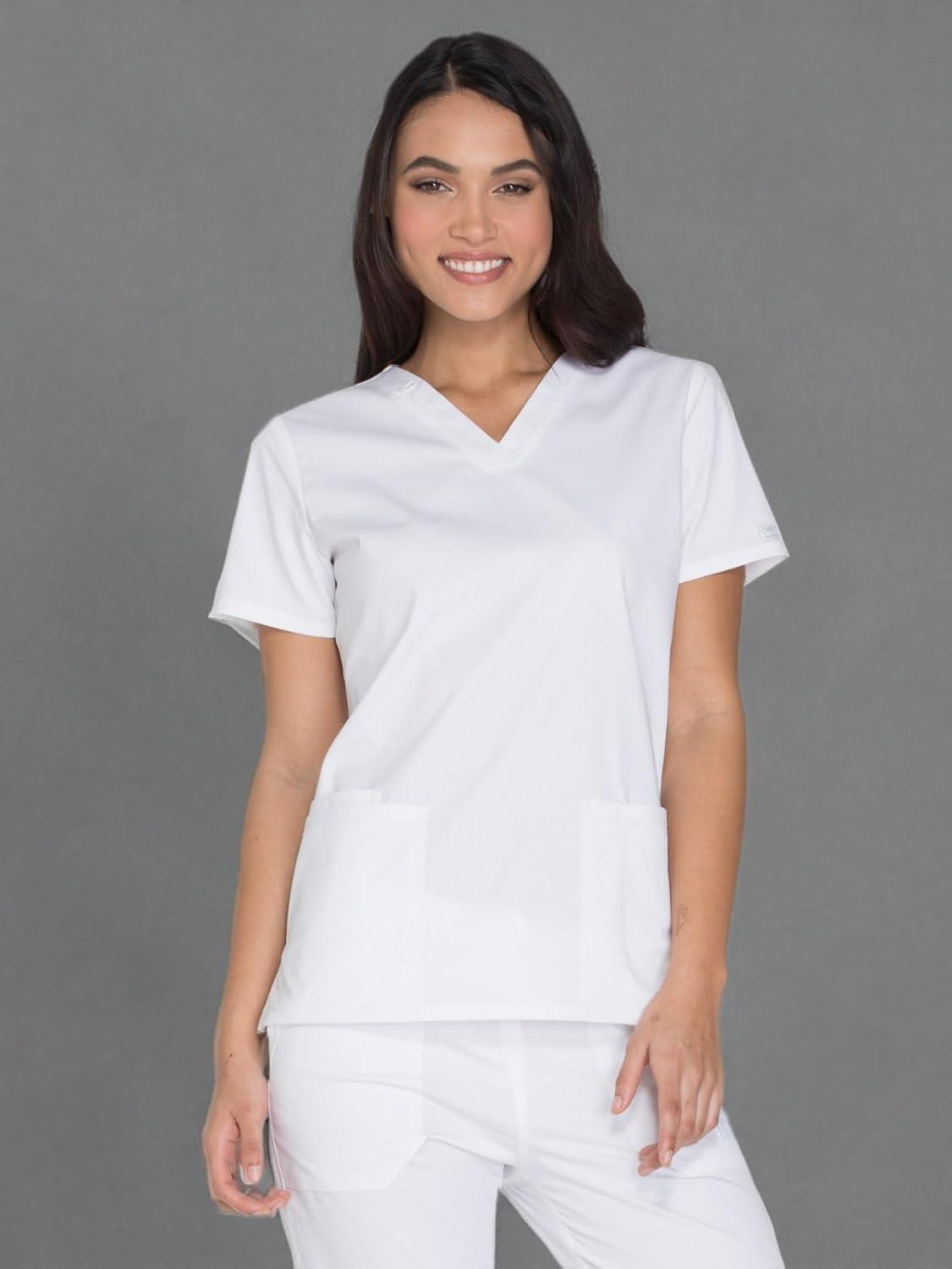 imageCherokee Scrub for Women Modern Classic VNeck Top with 3 Pockets 2Way Stretch Ultra Soft amp Breathable Fabric WW630White