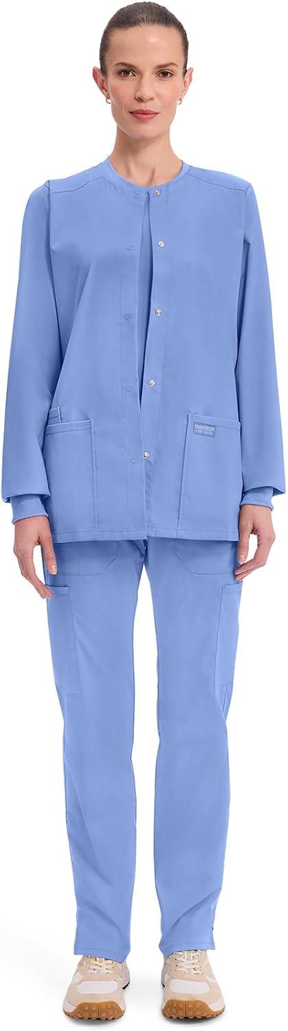 imageCherokee Scrub for Women Snap Front Jacket with 3 Pockets Fade Resistant 2Way Stretch Soft amp Durable Fabric WW340Ciel