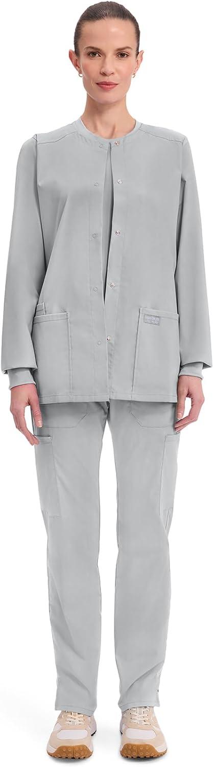 imageCherokee Scrub for Women Snap Front Jacket with 3 Pockets Fade Resistant 2Way Stretch Soft amp Durable Fabric WW340Grey