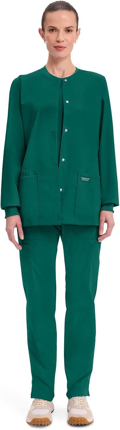 imageCherokee Scrub for Women Snap Front Jacket with 3 Pockets Fade Resistant 2Way Stretch Soft amp Durable Fabric WW340Hunter Green