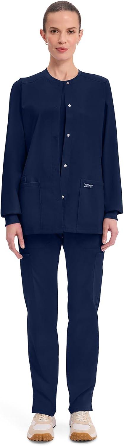 imageCherokee Scrub for Women Snap Front Jacket with 3 Pockets Fade Resistant 2Way Stretch Soft amp Durable Fabric WW340Navy