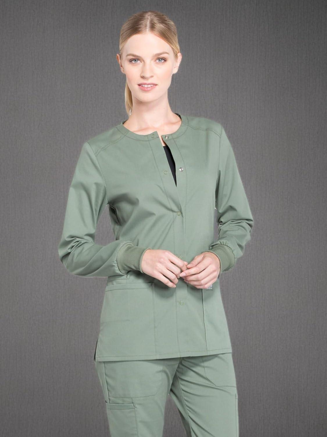 imageCherokee Scrub for Women Snap Front Jacket with 3 Pockets Fade Resistant 2Way Stretch Soft amp Durable Fabric WW340Olive