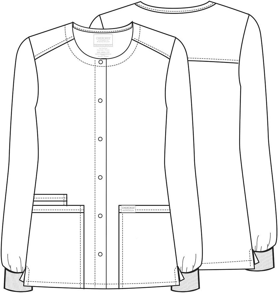 imageCherokee Scrub for Women Snap Front Jacket with 3 Pockets Fade Resistant 2Way Stretch Soft amp Durable Fabric WW340White