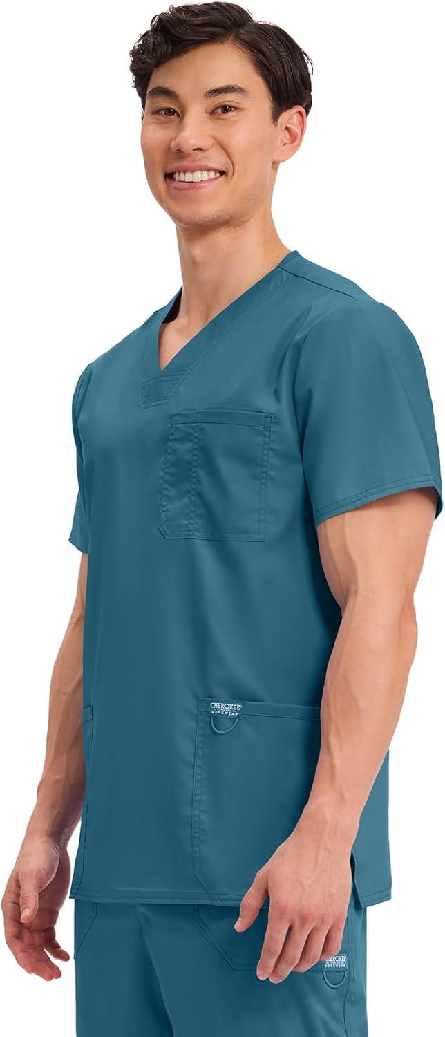 imageCherokee Scrub top for Men VNeck with 3 Pockets Knit Details Soft Durable Breathable 2Way Stretch Fabric WW670Caribbean Blue