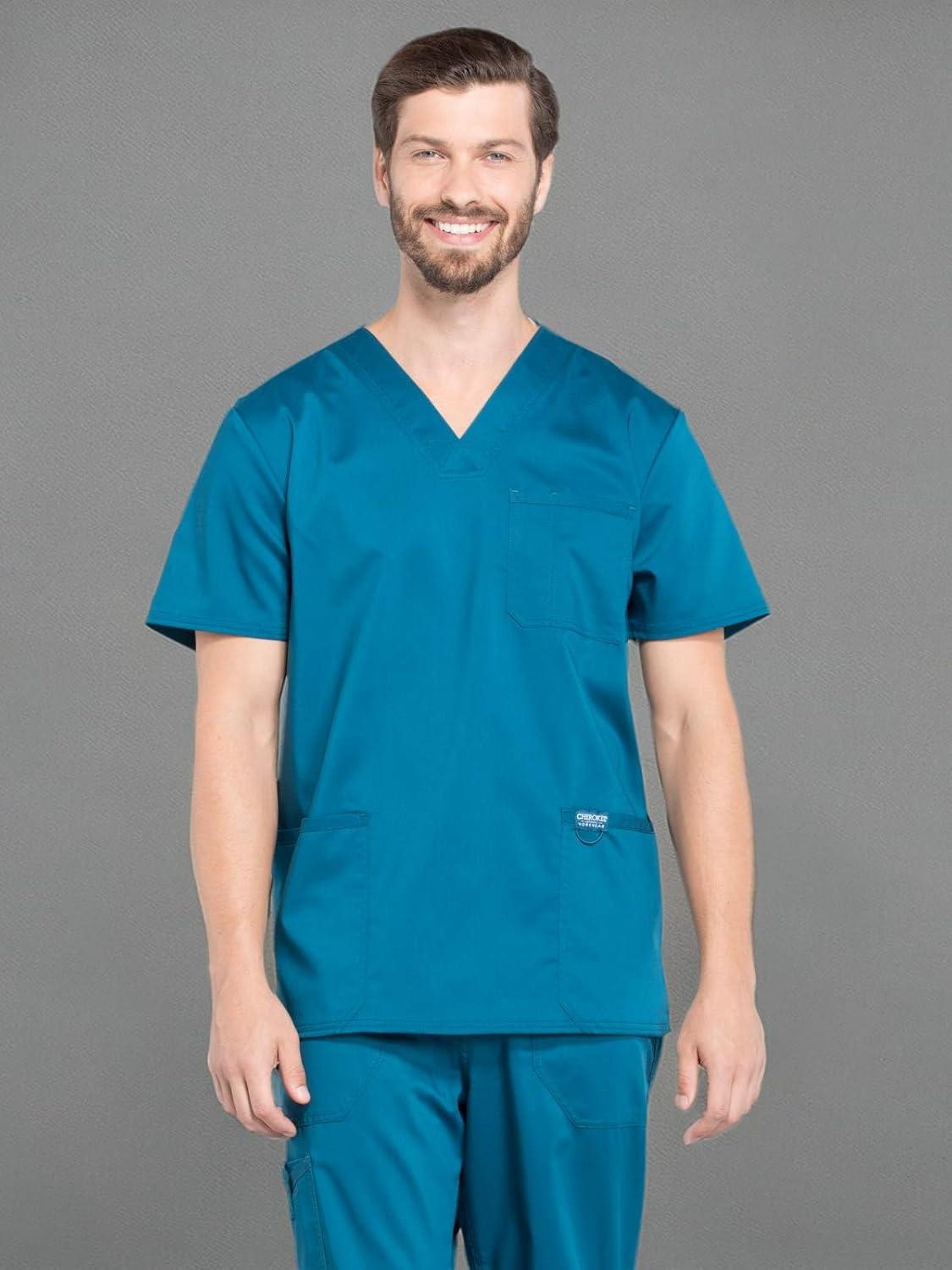 imageCherokee Scrub top for Men VNeck with 3 Pockets Knit Details Soft Durable Breathable 2Way Stretch Fabric WW670Caribbean Blue