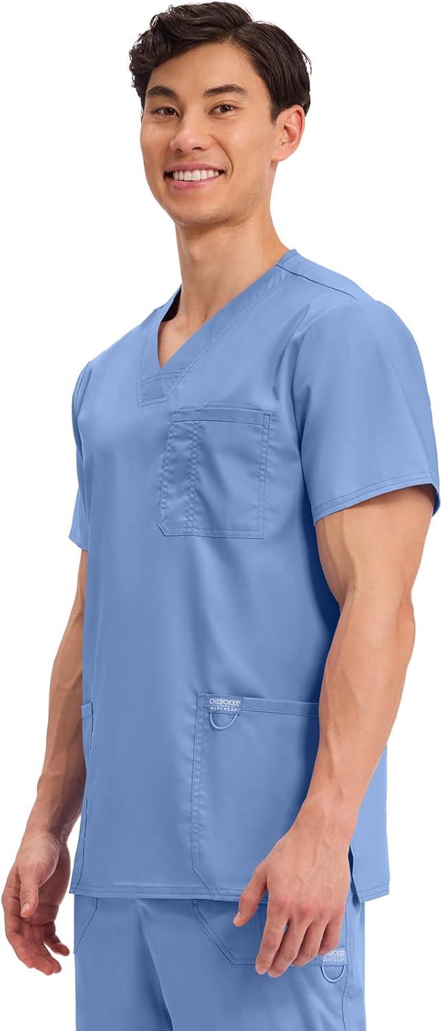 imageCherokee Scrub top for Men VNeck with 3 Pockets Knit Details Soft Durable Breathable 2Way Stretch Fabric WW670Ciel