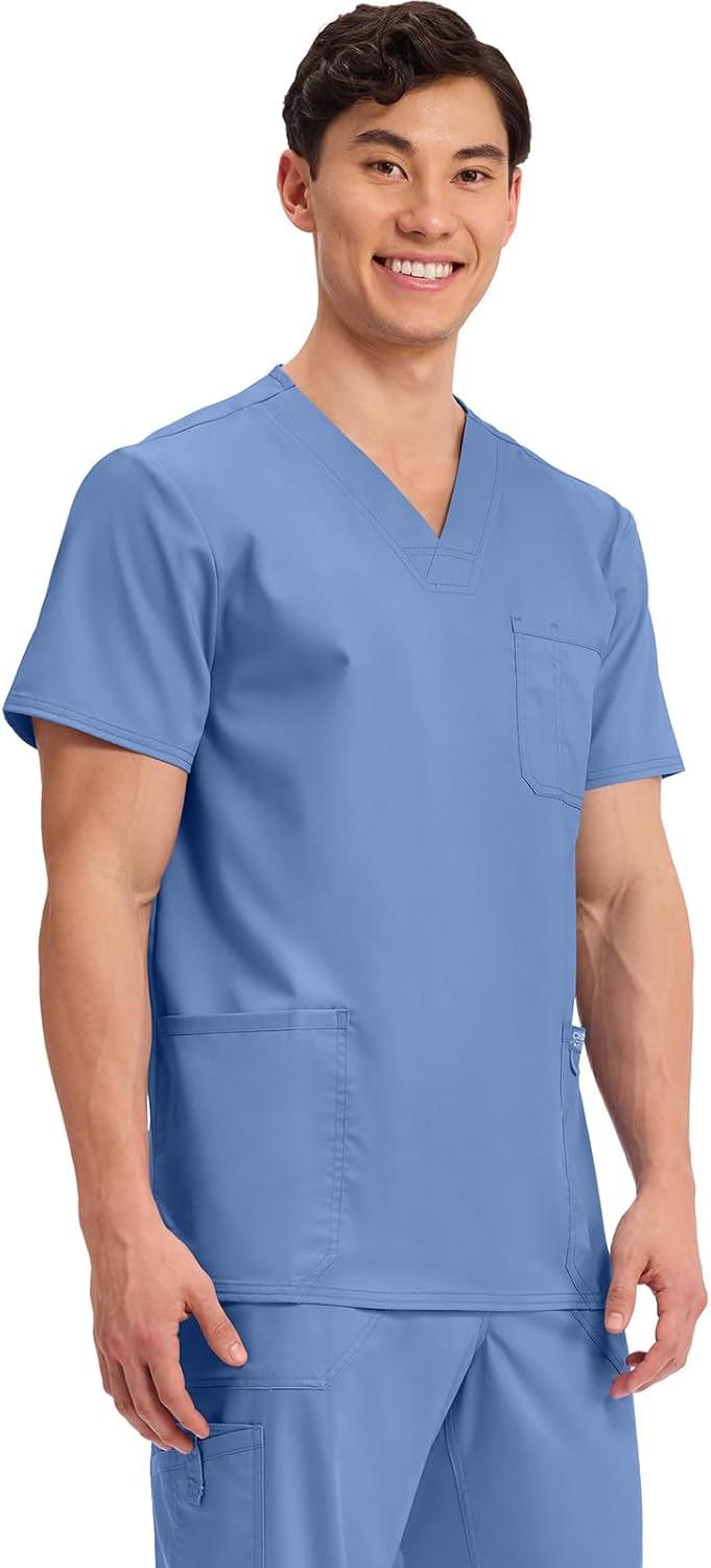 imageCherokee Scrub top for Men VNeck with 3 Pockets Knit Details Soft Durable Breathable 2Way Stretch Fabric WW670Ciel