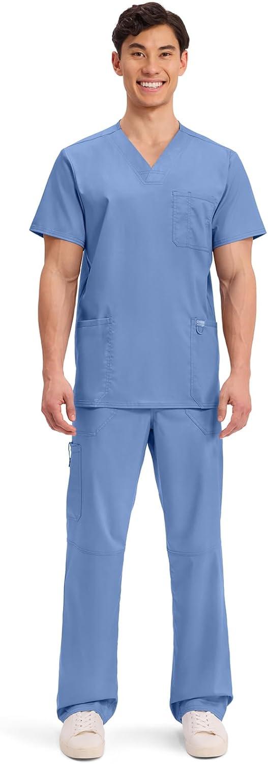 imageCherokee Scrub top for Men VNeck with 3 Pockets Knit Details Soft Durable Breathable 2Way Stretch Fabric WW670Ciel