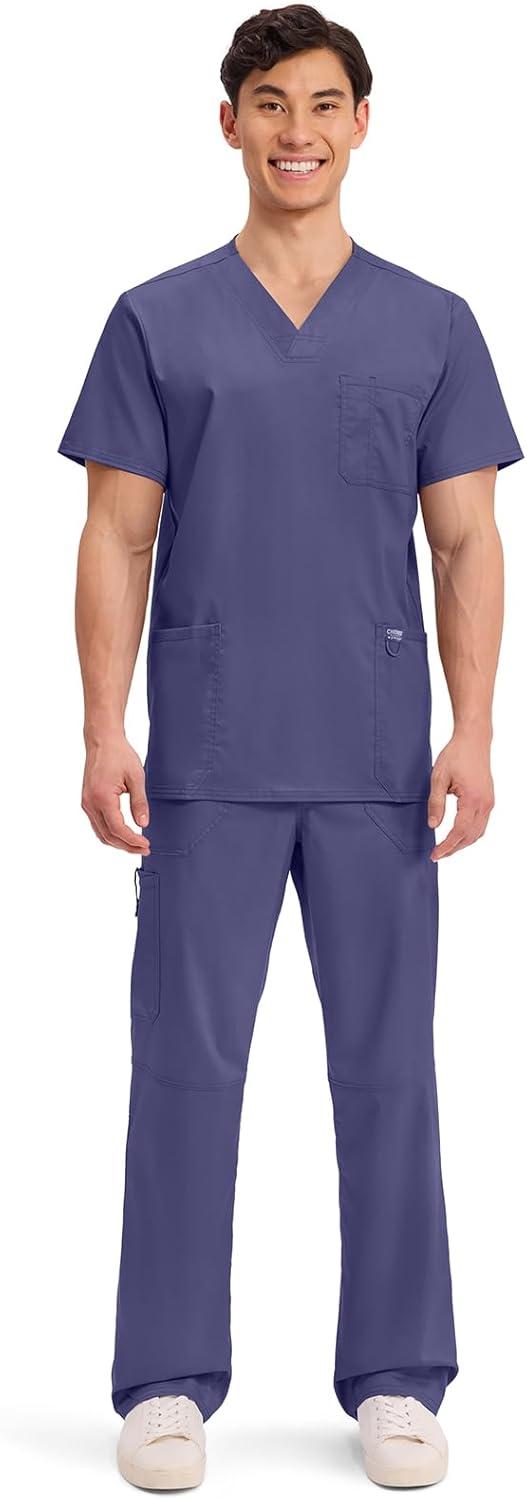 imageCherokee Scrub top for Men VNeck with 3 Pockets Knit Details Soft Durable Breathable 2Way Stretch Fabric WW670Grape