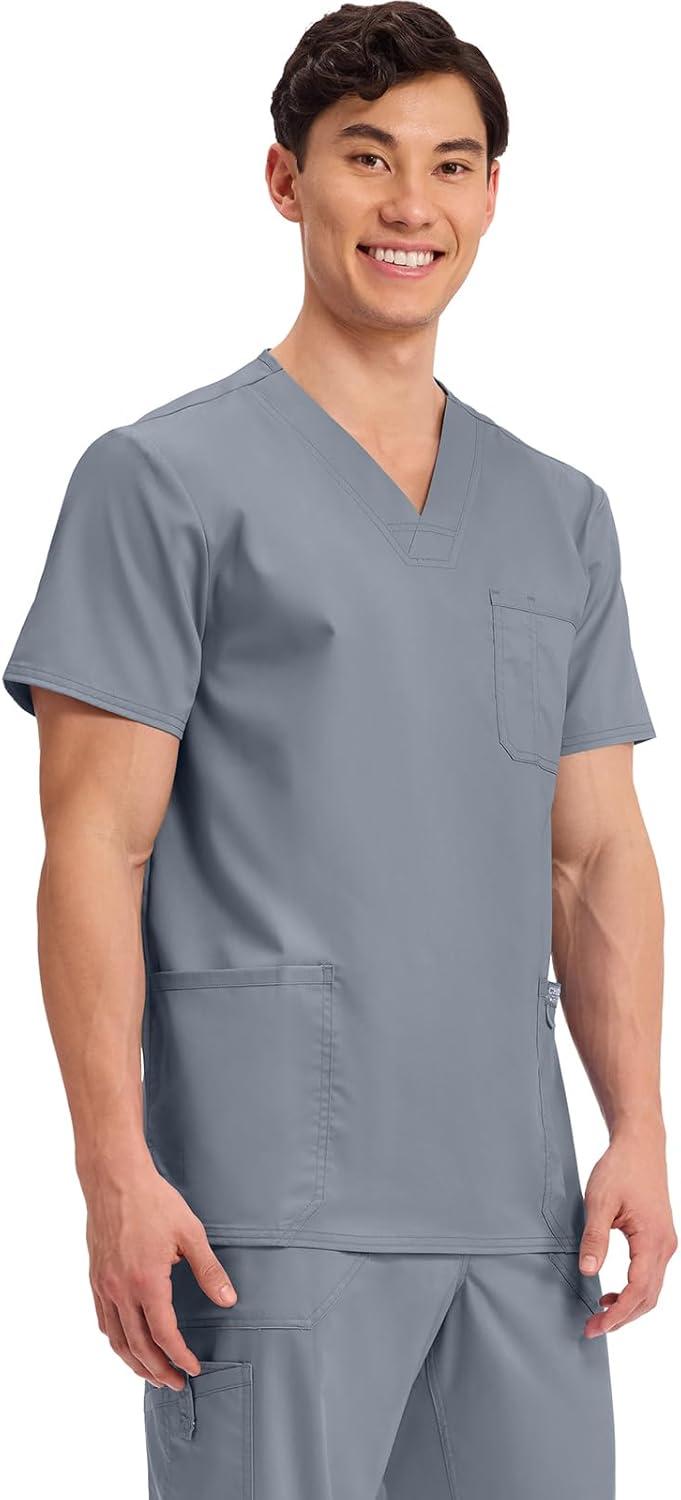 imageCherokee Scrub top for Men VNeck with 3 Pockets Knit Details Soft Durable Breathable 2Way Stretch Fabric WW670Grey