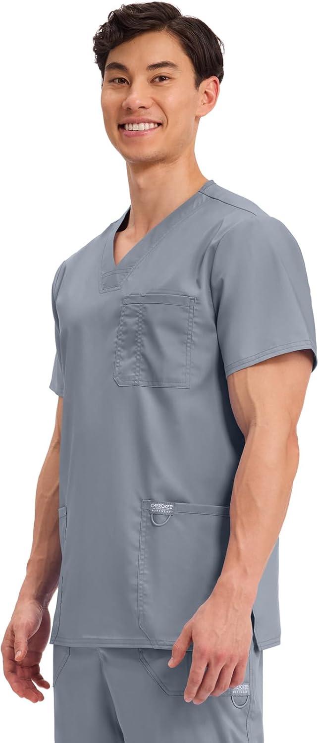 imageCherokee Scrub top for Men VNeck with 3 Pockets Knit Details Soft Durable Breathable 2Way Stretch Fabric WW670Grey