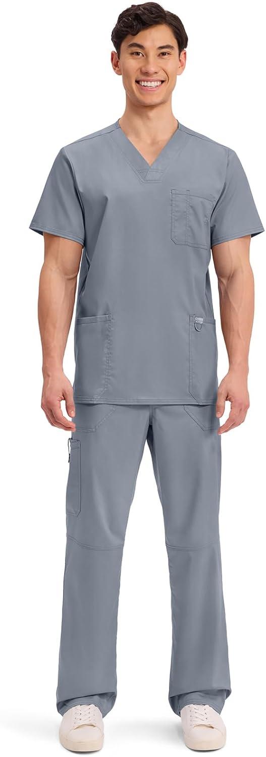imageCherokee Scrub top for Men VNeck with 3 Pockets Knit Details Soft Durable Breathable 2Way Stretch Fabric WW670Grey