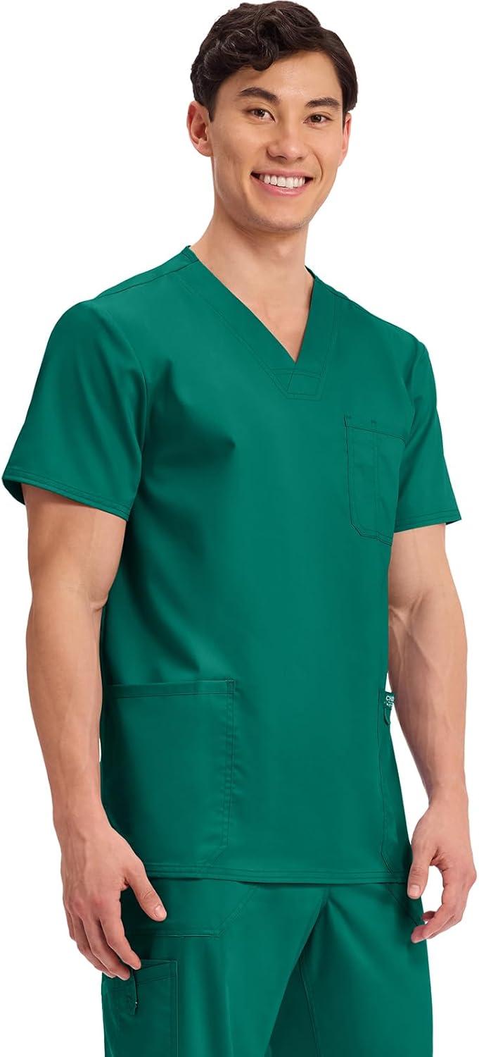 imageCherokee Scrub top for Men VNeck with 3 Pockets Knit Details Soft Durable Breathable 2Way Stretch Fabric WW670Hunter Green