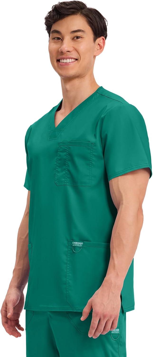 imageCherokee Scrub top for Men VNeck with 3 Pockets Knit Details Soft Durable Breathable 2Way Stretch Fabric WW670Hunter Green