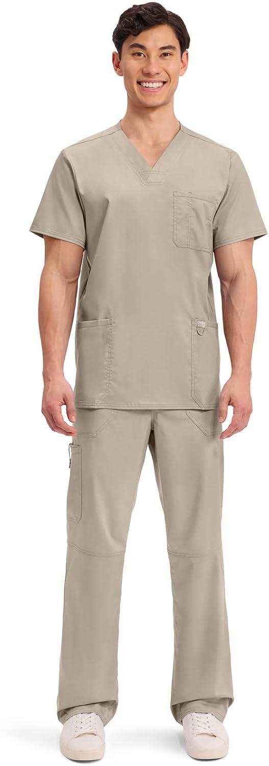 imageCherokee Scrub top for Men VNeck with 3 Pockets Knit Details Soft Durable Breathable 2Way Stretch Fabric WW670Khaki