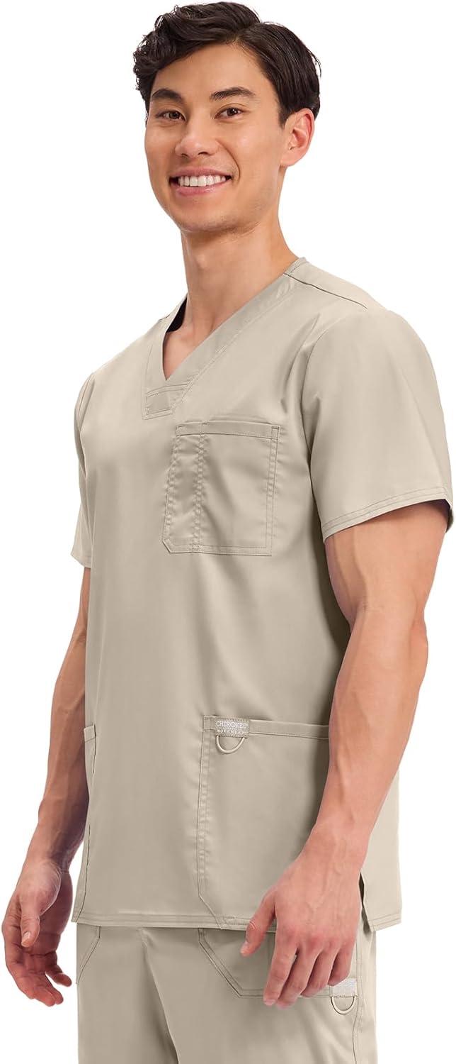 imageCherokee Scrub top for Men VNeck with 3 Pockets Knit Details Soft Durable Breathable 2Way Stretch Fabric WW670Khaki