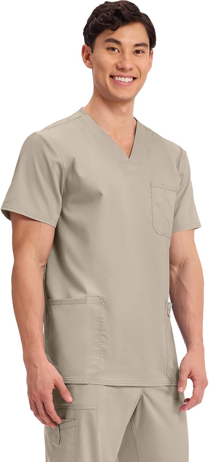 imageCherokee Scrub top for Men VNeck with 3 Pockets Knit Details Soft Durable Breathable 2Way Stretch Fabric WW670Khaki