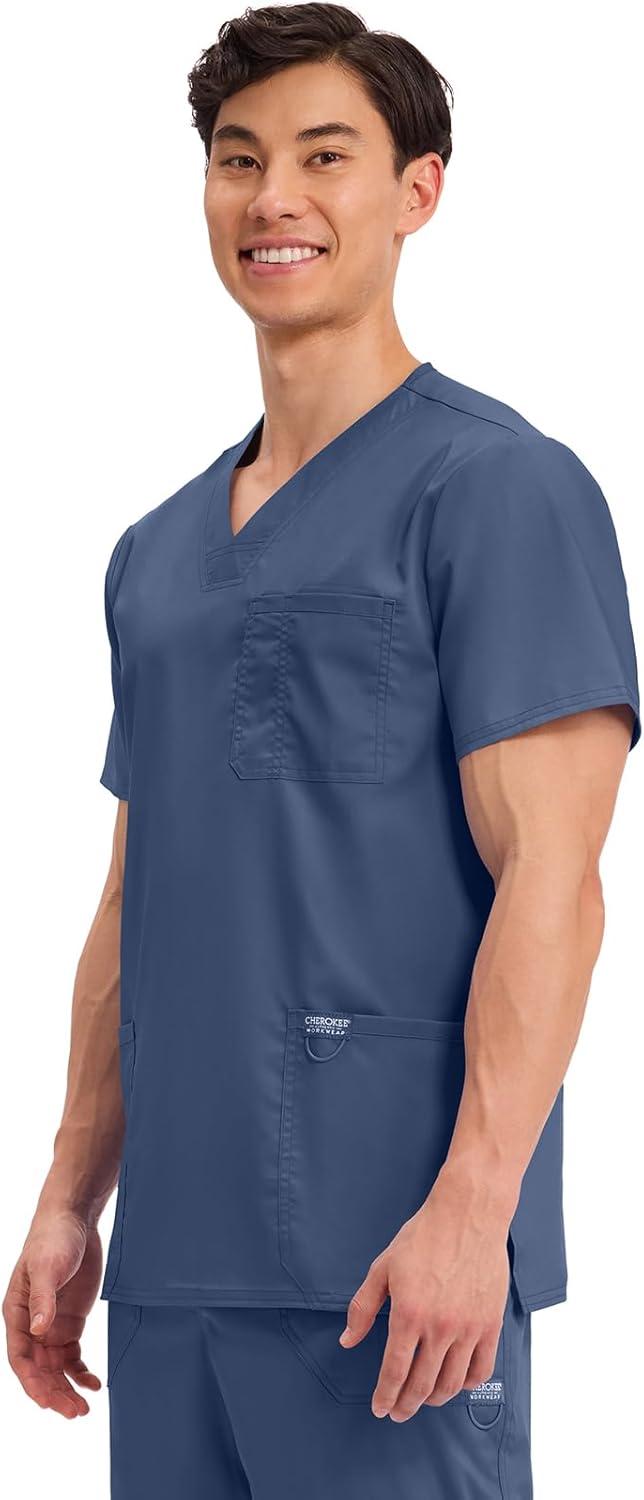 imageCherokee Scrub top for Men VNeck with 3 Pockets Knit Details Soft Durable Breathable 2Way Stretch Fabric WW670Navy