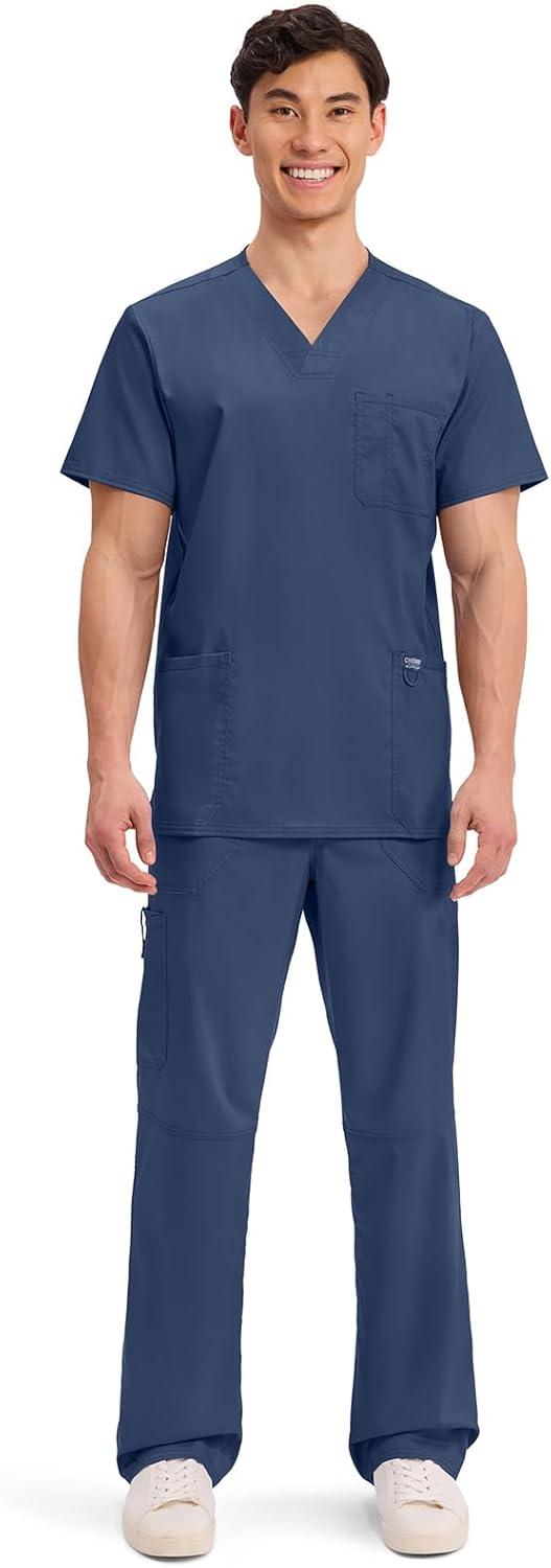 imageCherokee Scrub top for Men VNeck with 3 Pockets Knit Details Soft Durable Breathable 2Way Stretch Fabric WW670Navy