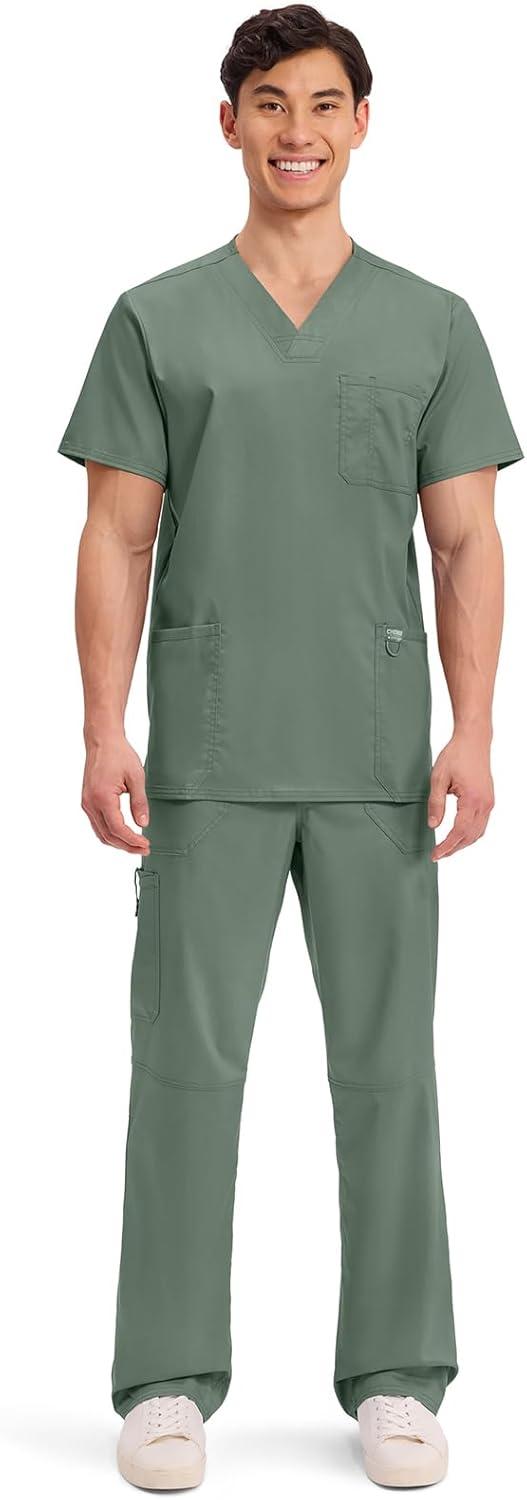 imageCherokee Scrub top for Men VNeck with 3 Pockets Knit Details Soft Durable Breathable 2Way Stretch Fabric WW670Olive