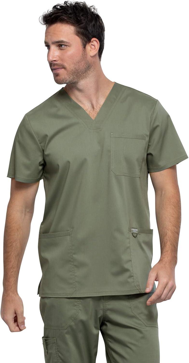 imageCherokee Scrub top for Men VNeck with 3 Pockets Knit Details Soft Durable Breathable 2Way Stretch Fabric WW670Olive