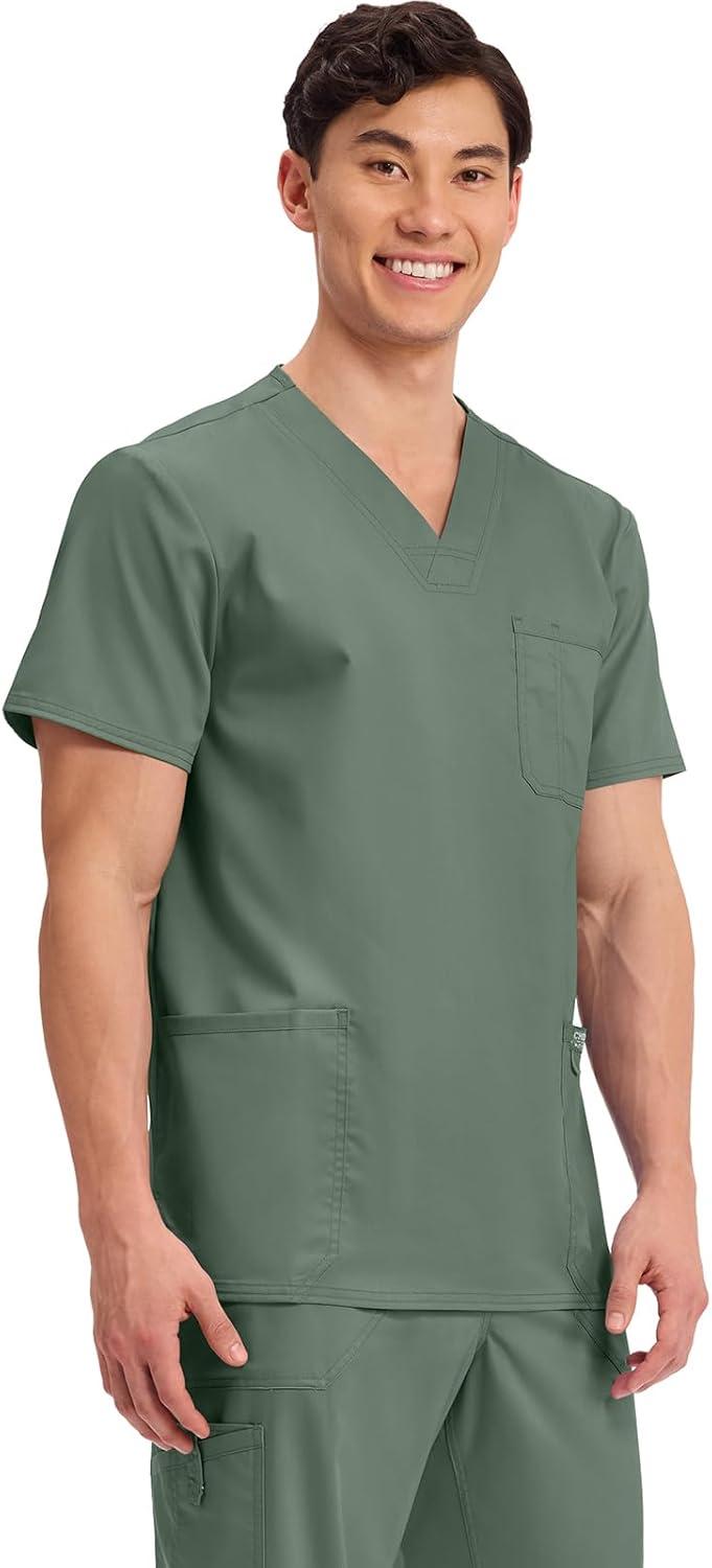imageCherokee Scrub top for Men VNeck with 3 Pockets Knit Details Soft Durable Breathable 2Way Stretch Fabric WW670Olive