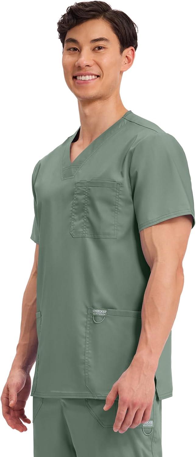 imageCherokee Scrub top for Men VNeck with 3 Pockets Knit Details Soft Durable Breathable 2Way Stretch Fabric WW670Olive