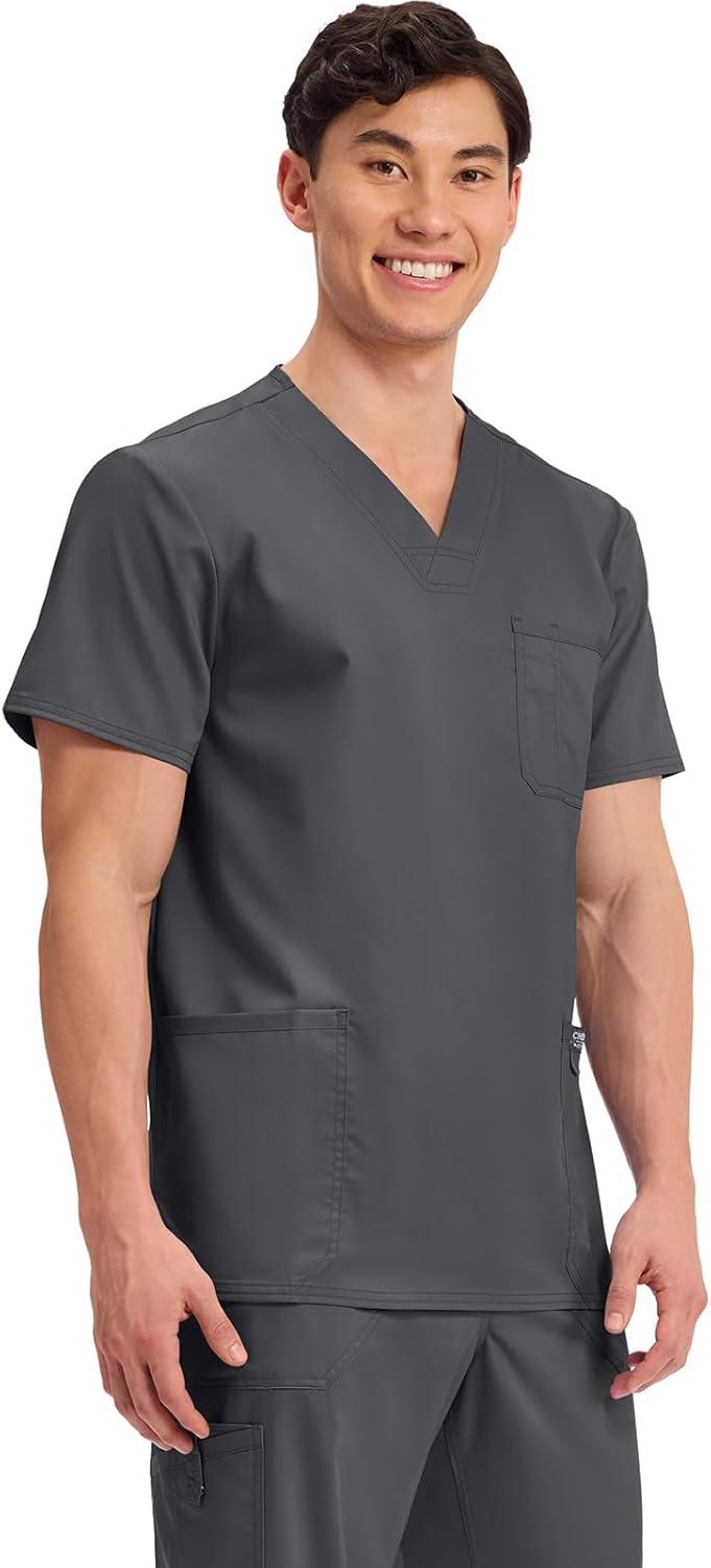 imageCherokee Scrub top for Men VNeck with 3 Pockets Knit Details Soft Durable Breathable 2Way Stretch Fabric WW670Pewter