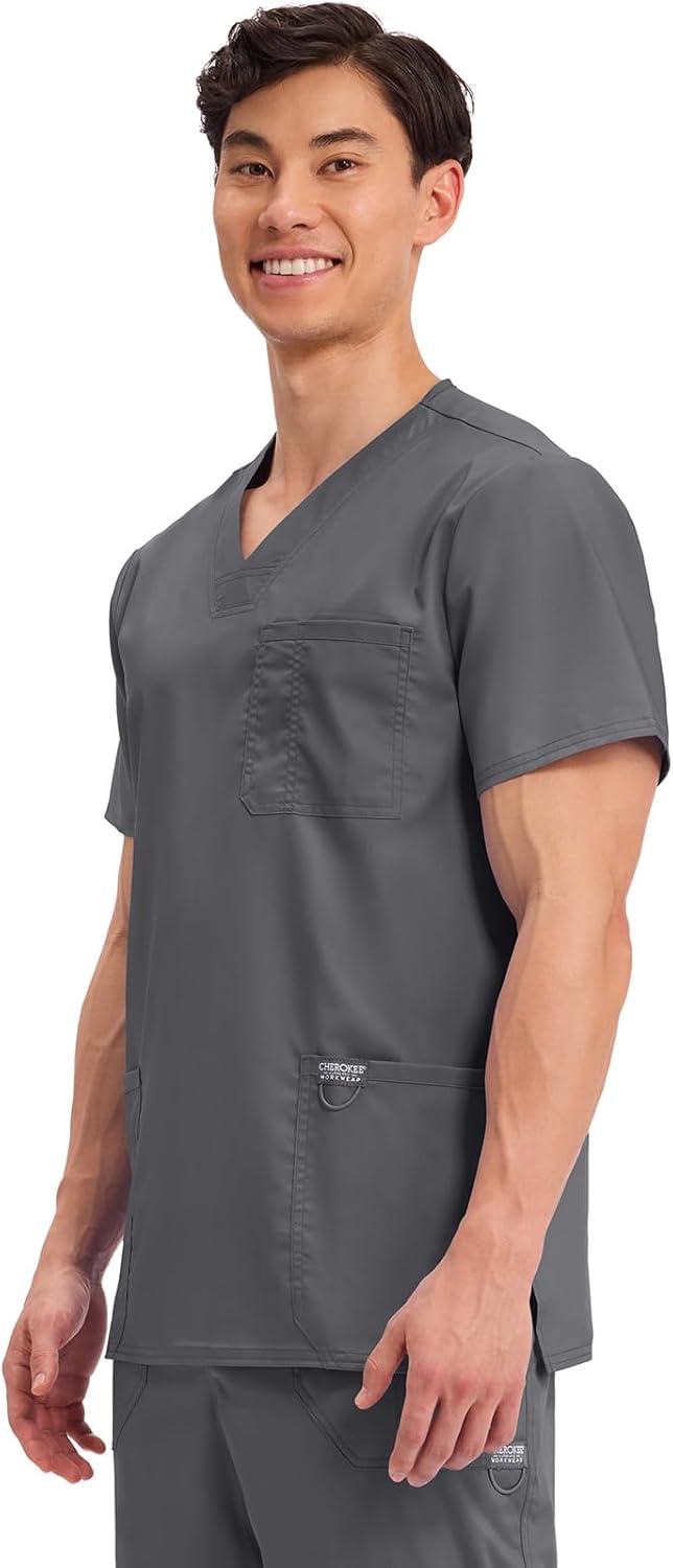imageCherokee Scrub top for Men VNeck with 3 Pockets Knit Details Soft Durable Breathable 2Way Stretch Fabric WW670Pewter