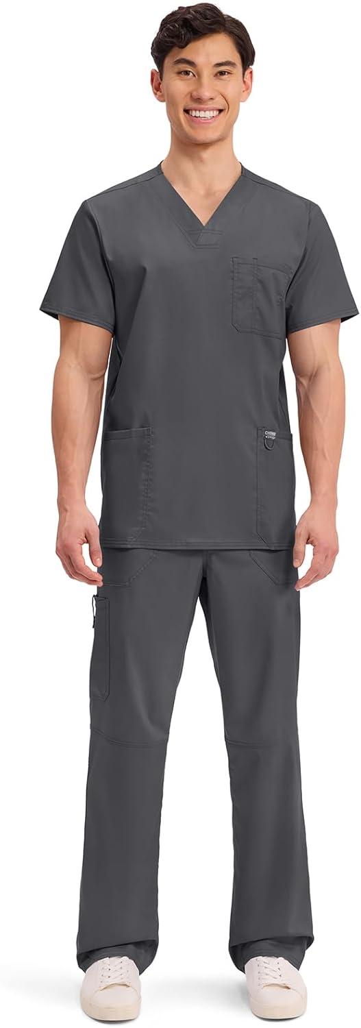 imageCherokee Scrub top for Men VNeck with 3 Pockets Knit Details Soft Durable Breathable 2Way Stretch Fabric WW670Pewter