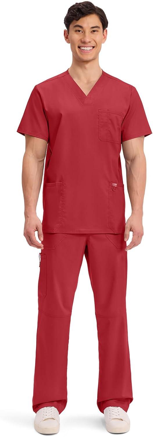 imageCherokee Scrub top for Men VNeck with 3 Pockets Knit Details Soft Durable Breathable 2Way Stretch Fabric WW670Red