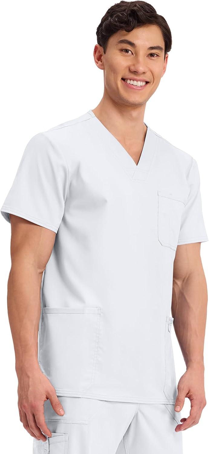 imageCherokee Scrub top for Men VNeck with 3 Pockets Knit Details Soft Durable Breathable 2Way Stretch Fabric WW670White