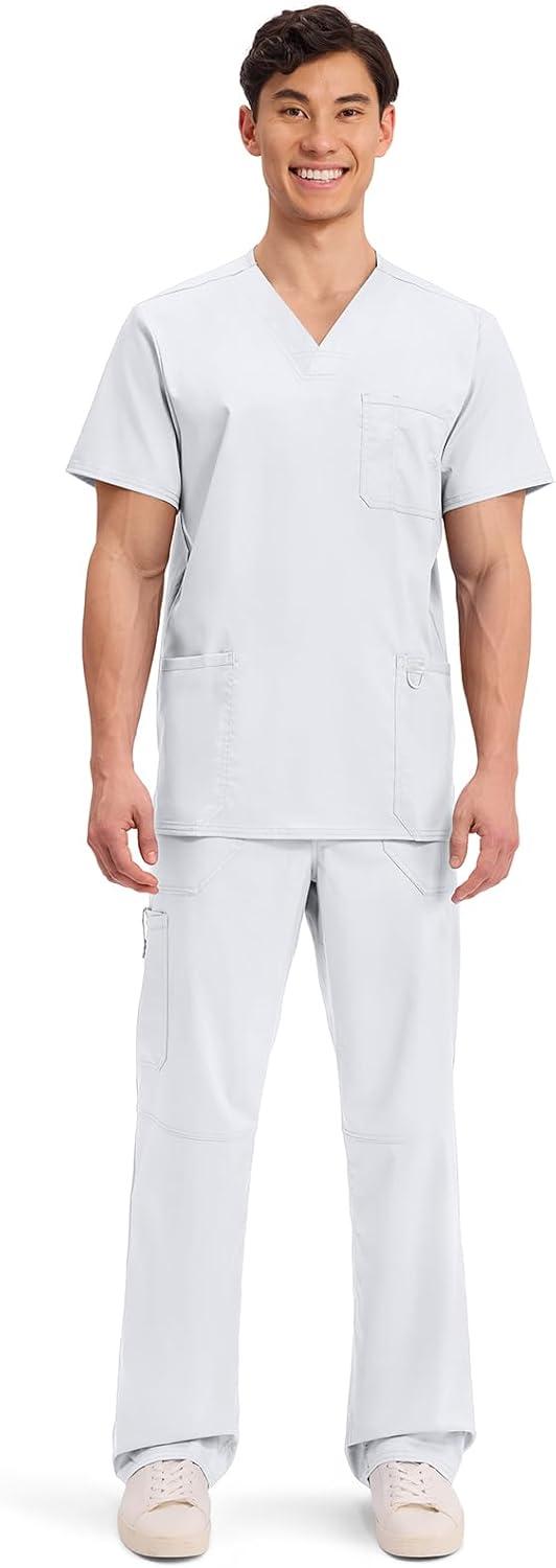 imageCherokee Scrub top for Men VNeck with 3 Pockets Knit Details Soft Durable Breathable 2Way Stretch Fabric WW670White