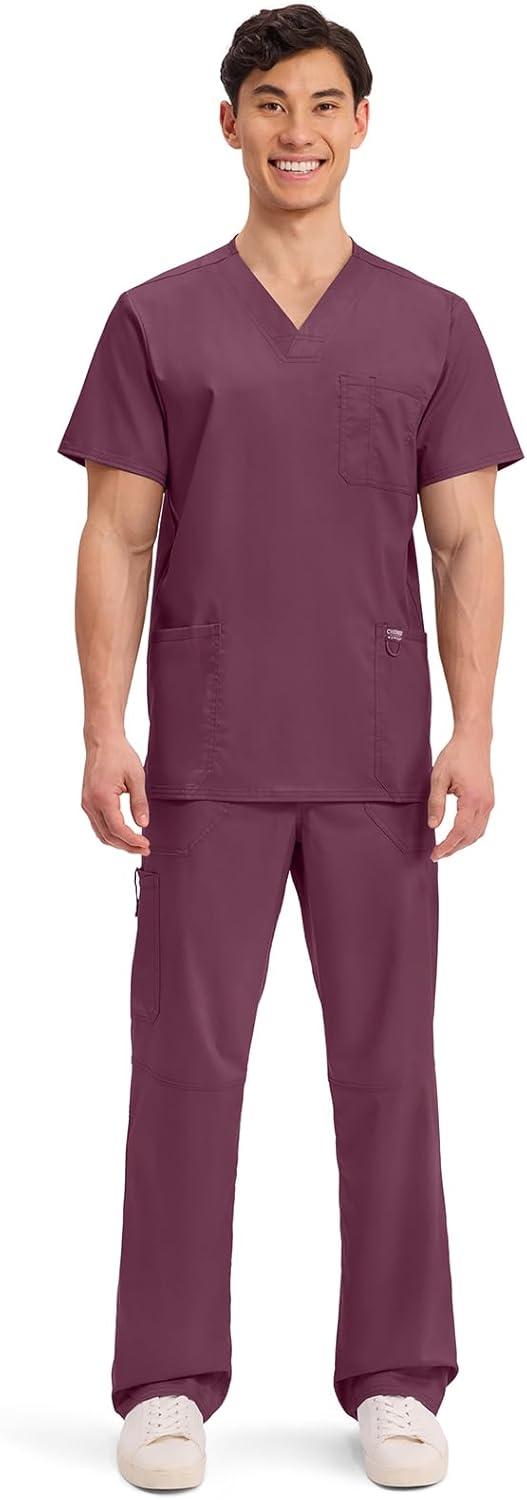 imageCherokee Scrub top for Men VNeck with 3 Pockets Knit Details Soft Durable Breathable 2Way Stretch Fabric WW670Wine