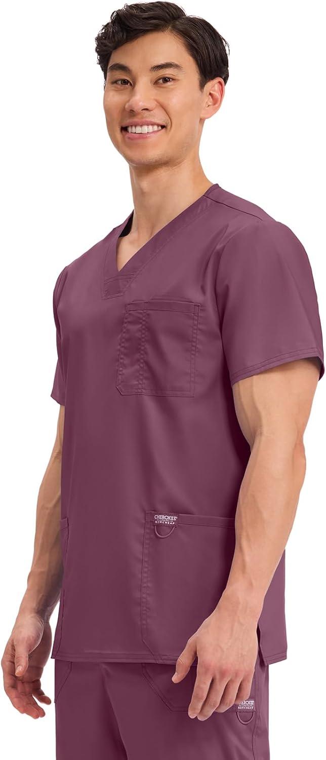 imageCherokee Scrub top for Men VNeck with 3 Pockets Knit Details Soft Durable Breathable 2Way Stretch Fabric WW670Wine