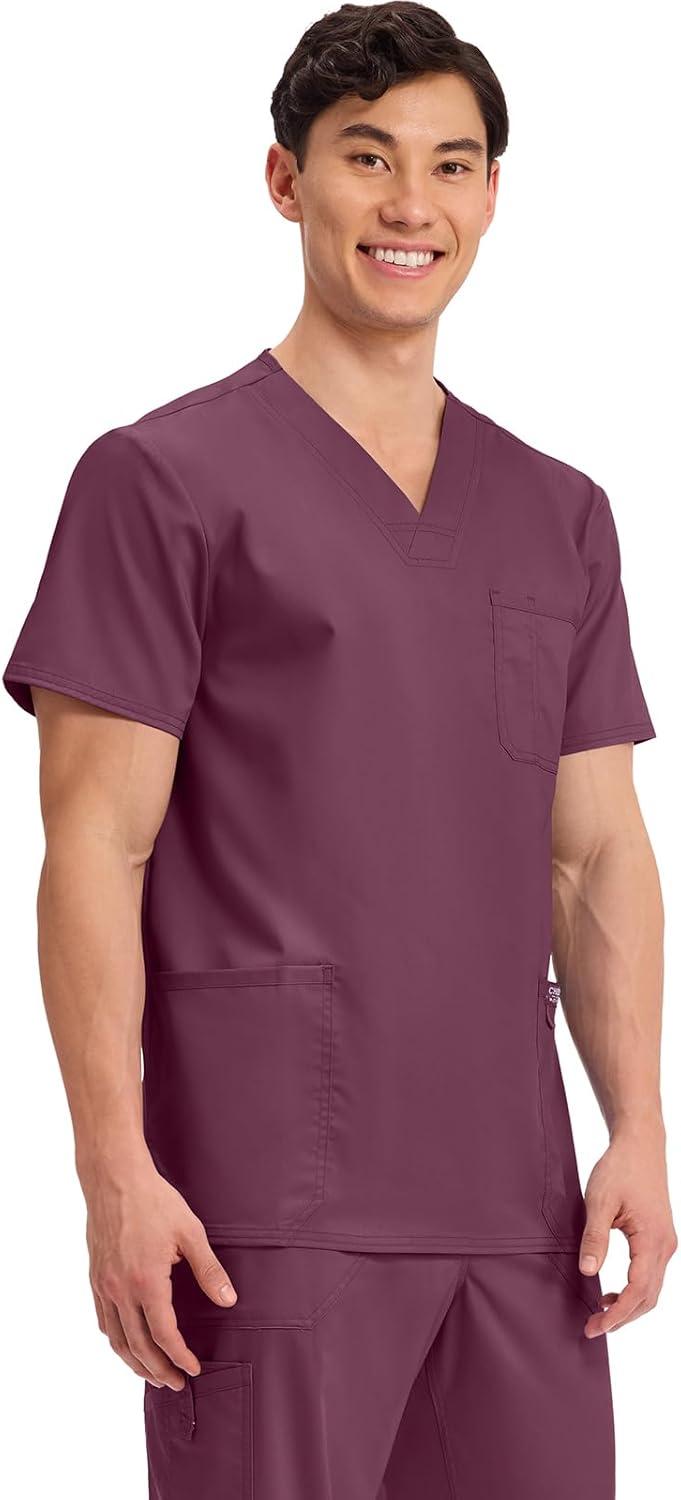 imageCherokee Scrub top for Men VNeck with 3 Pockets Knit Details Soft Durable Breathable 2Way Stretch Fabric WW670Wine