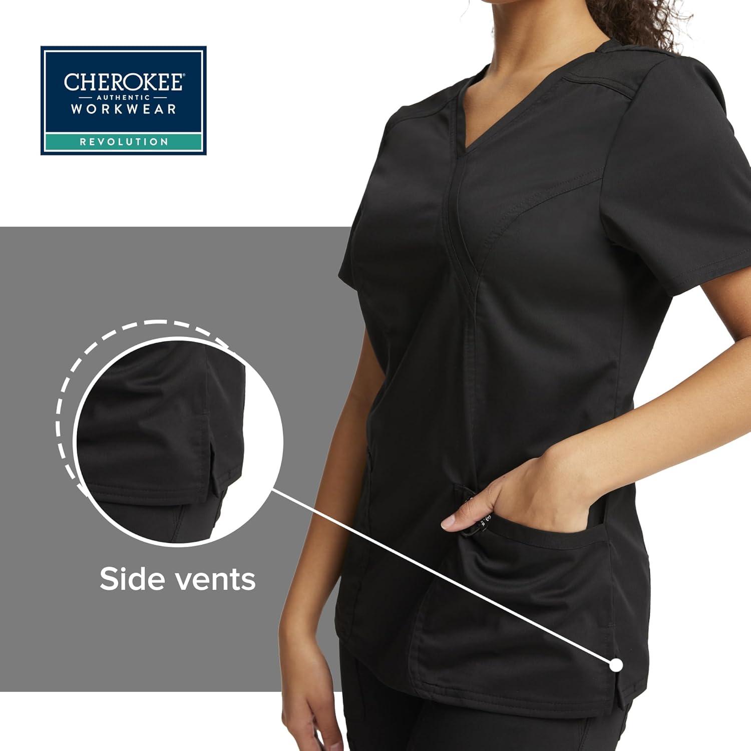 imageCherokee Scrubs Top for Women Mock Wrap with 3 Pockets Soft 2Way Stretch amp Durable Fabric WW610Black