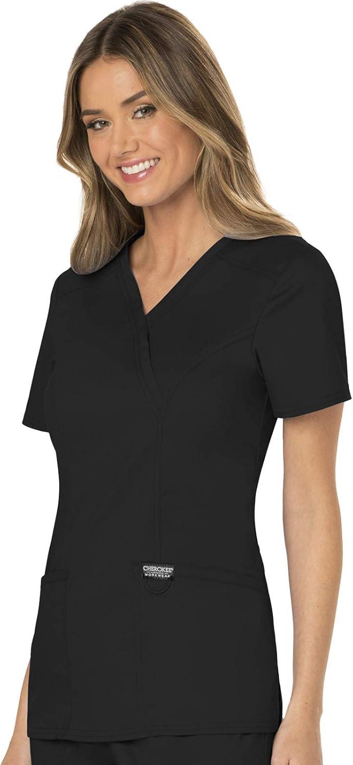 imageCherokee Scrubs Top for Women Mock Wrap with 3 Pockets Soft 2Way Stretch amp Durable Fabric WW610Black