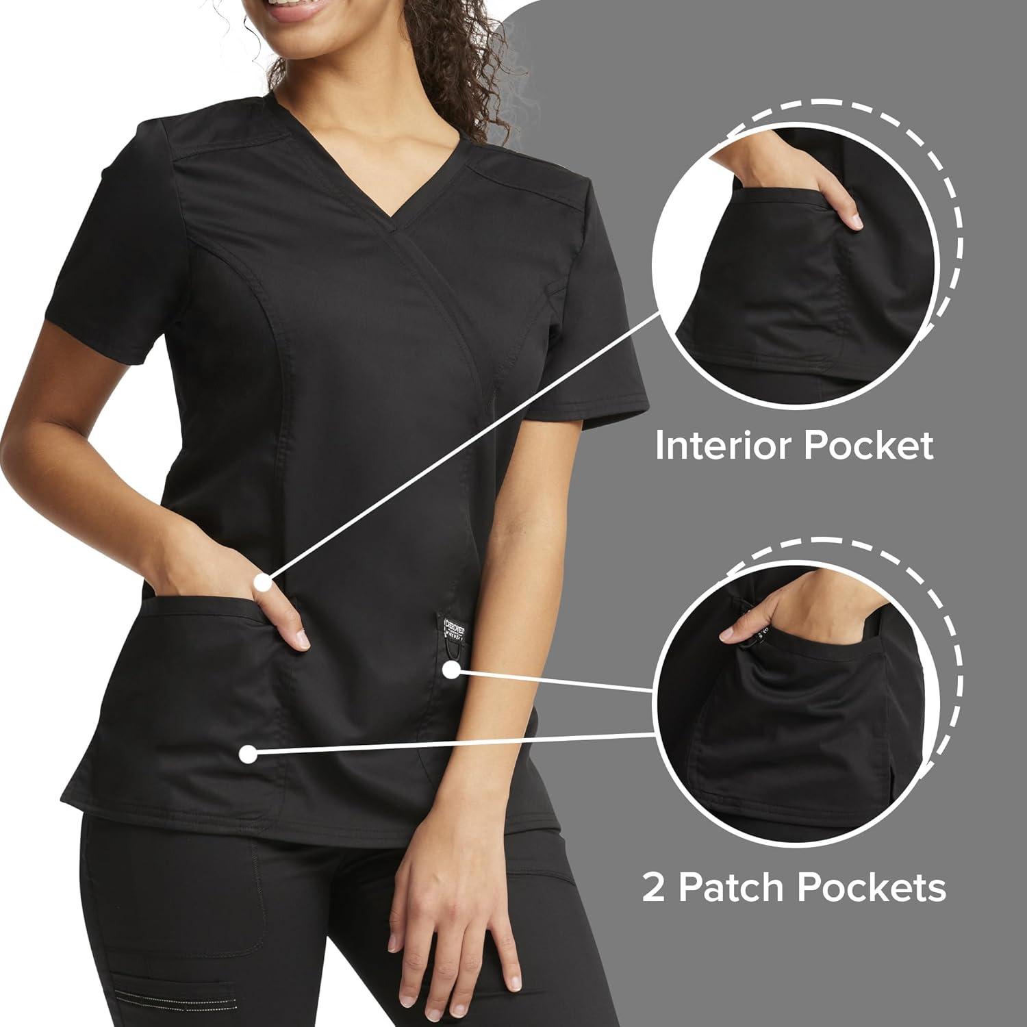 imageCherokee Scrubs Top for Women Mock Wrap with 3 Pockets Soft 2Way Stretch amp Durable Fabric WW610Black