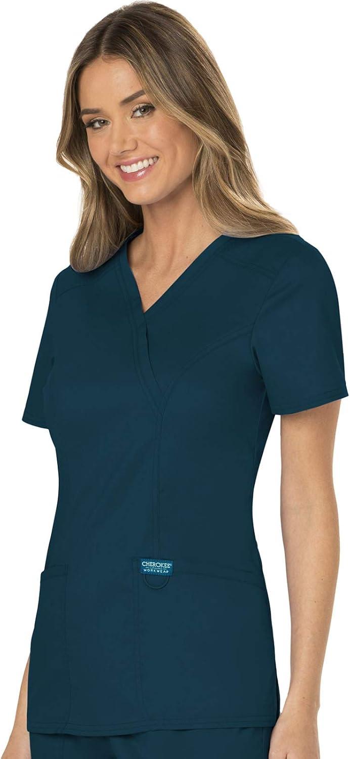 imageCherokee Scrubs Top for Women Mock Wrap with 3 Pockets Soft 2Way Stretch amp Durable Fabric WW610Caribbean Blue