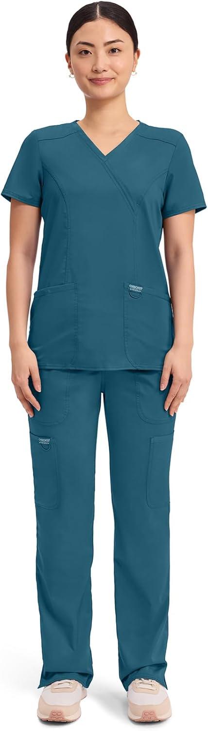 imageCherokee Scrubs Top for Women Mock Wrap with 3 Pockets Soft 2Way Stretch amp Durable Fabric WW610Caribbean Blue