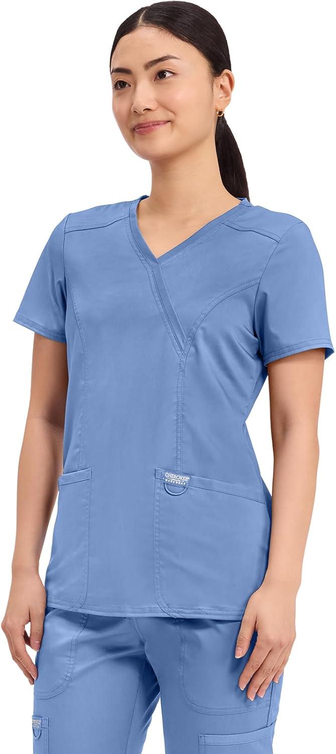 imageCherokee Scrubs Top for Women Mock Wrap with 3 Pockets Soft 2Way Stretch amp Durable Fabric WW610Ciel