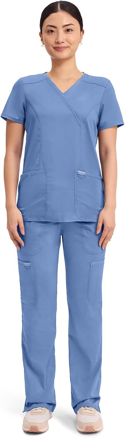 imageCherokee Scrubs Top for Women Mock Wrap with 3 Pockets Soft 2Way Stretch amp Durable Fabric WW610Ciel