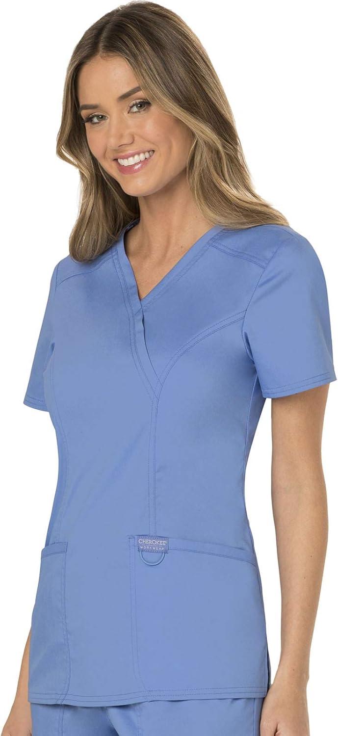 imageCherokee Scrubs Top for Women Mock Wrap with 3 Pockets Soft 2Way Stretch amp Durable Fabric WW610Ciel