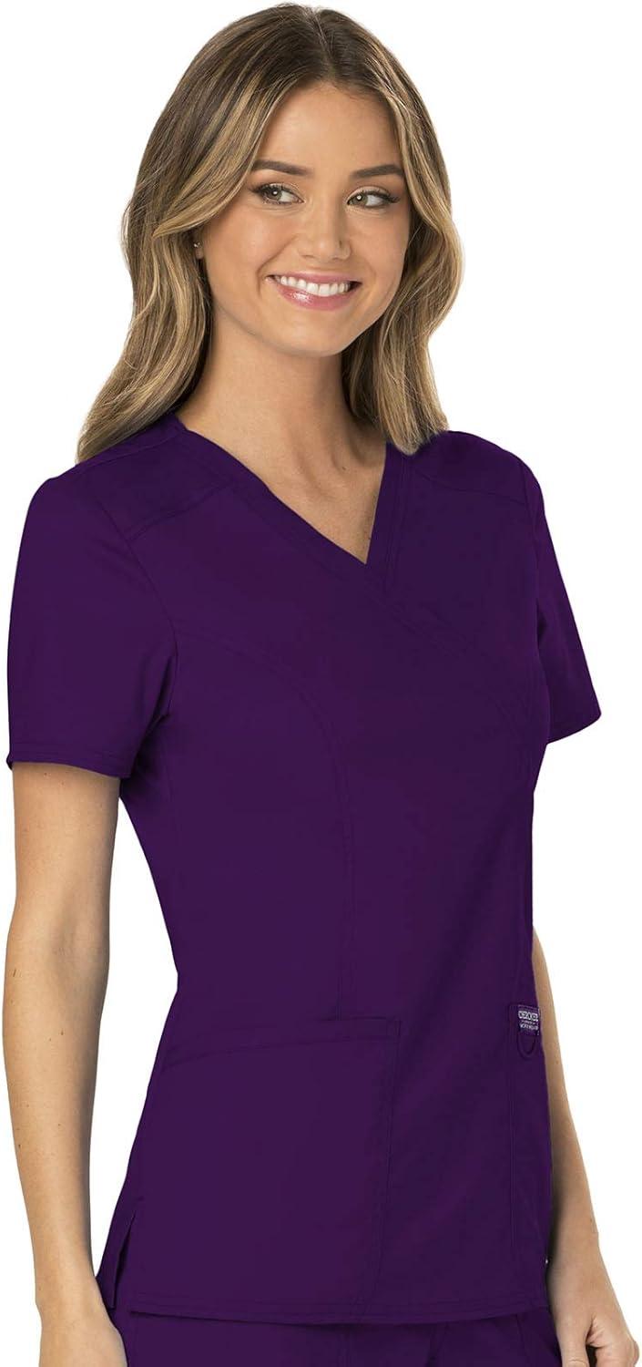 imageCherokee Scrubs Top for Women Mock Wrap with 3 Pockets Soft 2Way Stretch amp Durable Fabric WW610Eggplant