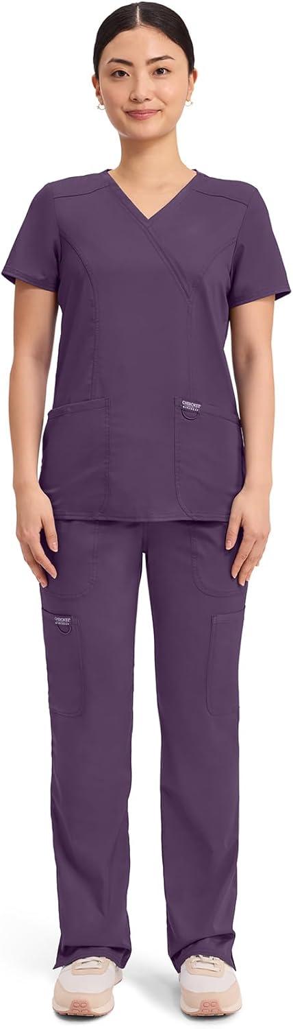 imageCherokee Scrubs Top for Women Mock Wrap with 3 Pockets Soft 2Way Stretch amp Durable Fabric WW610Eggplant